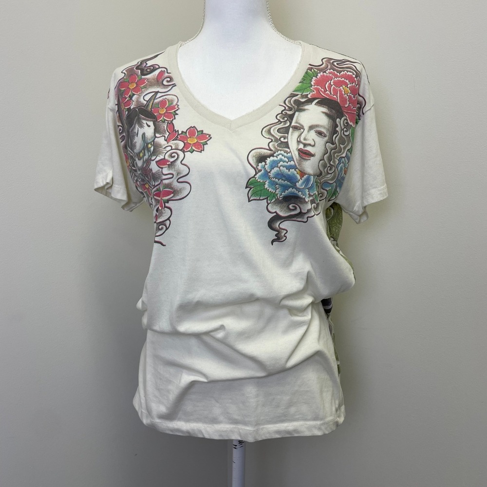 WORK Japanese Tattoo Graphic T-Shirt V-Neck Tiger Hannya Geisha Off White Medium